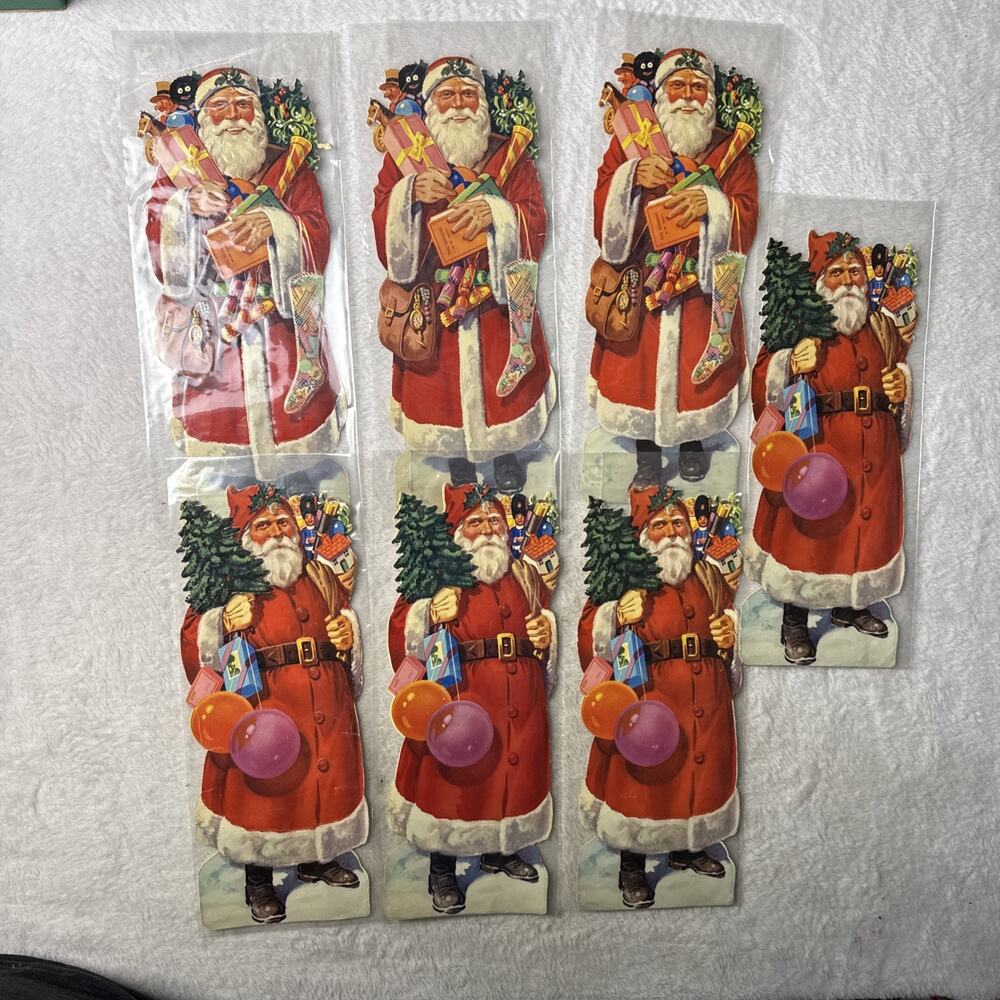 12” Tall Die Cut Santa Father Christmas Presents Lot Of 7 Vintage Paper Decor
